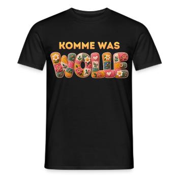 Komme was WOLLE Patchbuchstaben Wolle und Blumen - Männer T-Shirt - Schwarz - Vorne - AI Model Male 178 light (178cm)