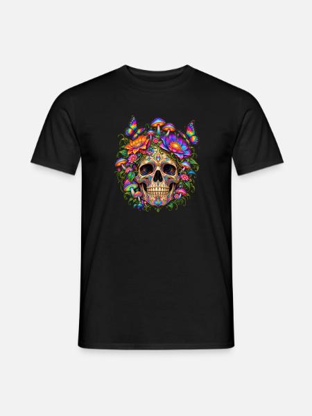 Blumige psychedelische Totenschädelpilze und Schmetterlinge - Männer T-Shirt - Schwarz
