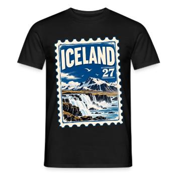 Island Vintage Briefmarke – Wasserfall & Berge - Männer T-Shirt - Schwarz - Vorne - AI Model Male 178 light (178cm)