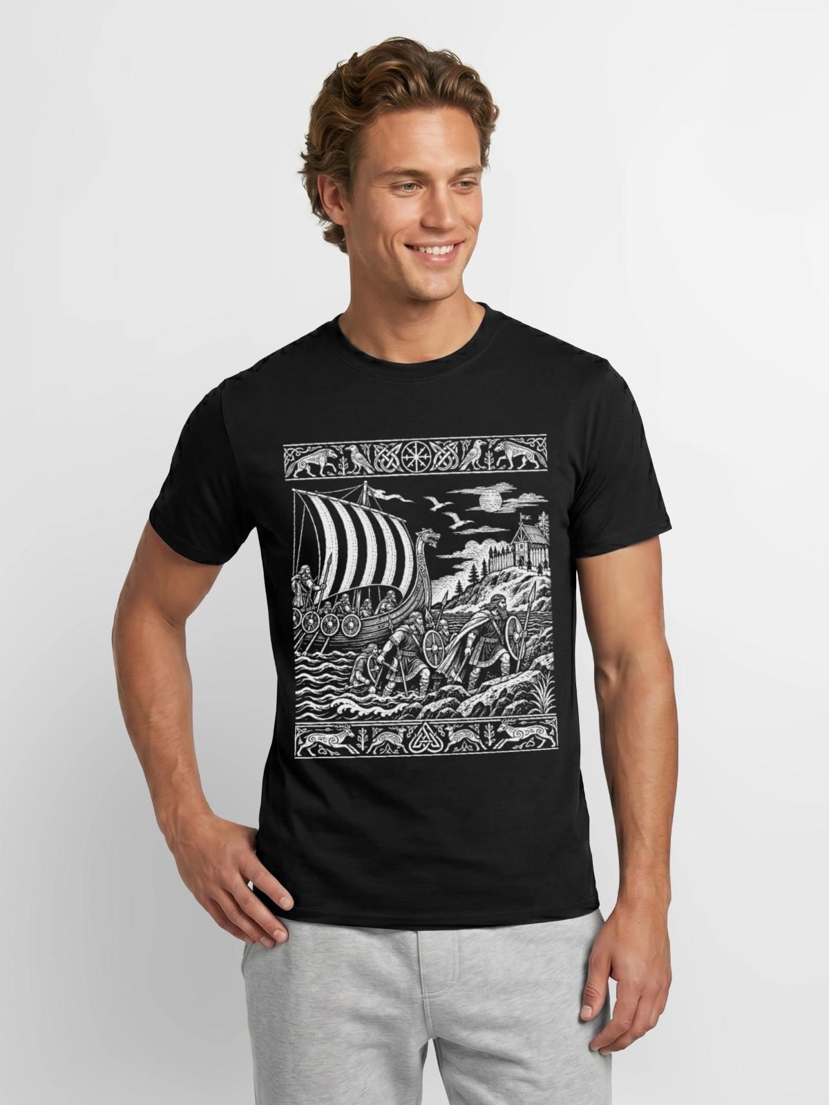 Wikinger – Mittelalterlicher Bildteppich - Männer T-Shirt - Schwarz - Vorne - AI Model Male 178 light (178cm)