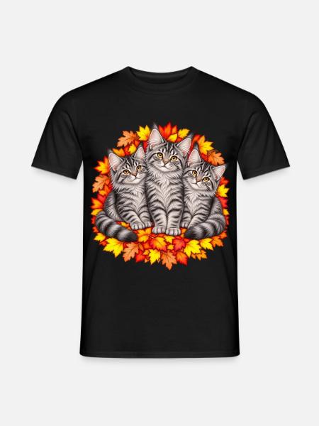 Katzentrio im Herbstlaub - Männer T-Shirt - Schwarz