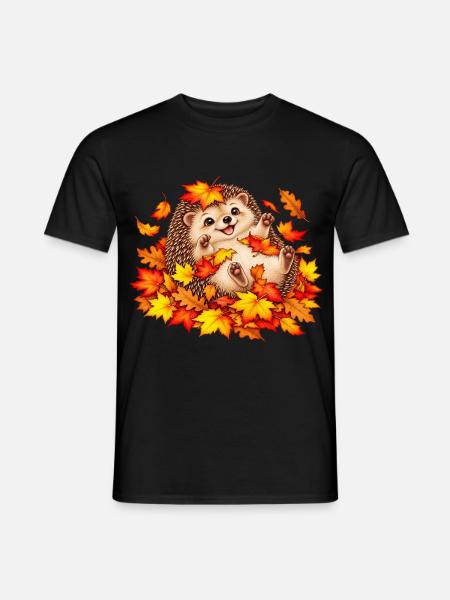 Herbstlicher Igel mit Blättern - Männer T-Shirt - Schwarz