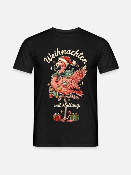 Weihnachtsflamingo mit Nikolausmütze - Männer T-Shirt - Schwarz