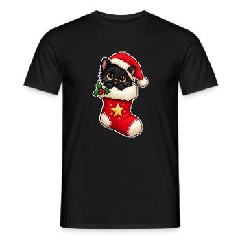 Schwarzes Weihnachtskätzchen in einer Pixel-Art-Socke - Männer T-Shirt - Schwarz - Vorne - AI Model Male 178 light (178cm)