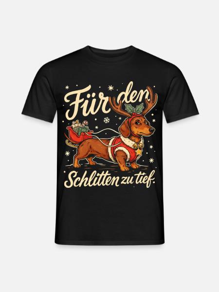 Dackel mit Weihnachtsschlitten und Geschenken - Männer T-Shirt - Schwarz