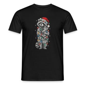 Weihnachtsbär mit Lichterkette und kleiner Katze  - Männer T-Shirt - Schwarz - Vorne - AI Model Male 178 light (178cm)