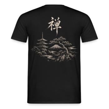 Zen Landschaft: Fuji-Pagode und Kiefer - Männer T-Shirt - Schwarz - Hinten - AI Model Male 178 light (178cm)