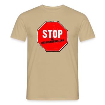 Stoppt die Massenbierhaltung - Männer T-Shirt - Sandbeige - Vorne - AI Model Male 178 light (178cm)
