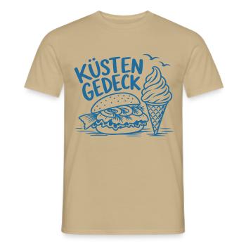 Küstengedeck – Fischbrötchen und Softeis - Männer T-Shirt - Sandbeige - Vorne - AI Model Male 178 light (178cm)