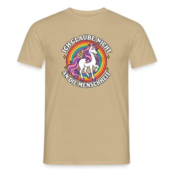 Ich glaube nicht an die Menschheit – Einhorn - Männer T-Shirt - Sandbeige - Vorne - AI Model Male 178 light (178cm)