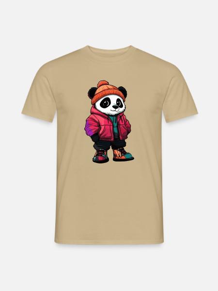Panda mit Winterjacke und Mütze - Männer T-Shirt - Sandbeige