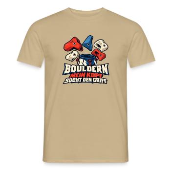 Bouldern – Mein Kopf sucht den Griff - Männer T-Shirt - Sandbeige - Vorne - AI Model Male 178 light (178cm)