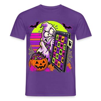 Halloween-ABA-Geist duckt sich vor Katzenkarte - Männer T-Shirt - Lila - Vorne - AI Model Male 178 light (178cm)