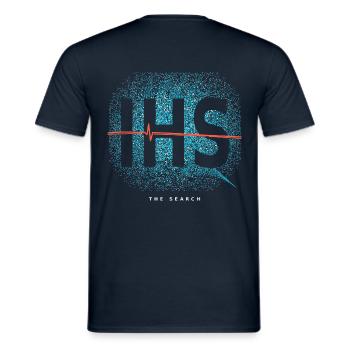 IHS Signal Rückenprint – Cyan & Koralle - Männer T-Shirt - Navy - Hinten - AI Model Male 178 light (178cm)
