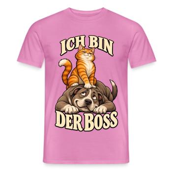 Bosskatze auf Hund – Cartoon Humor - Männer T-Shirt - Pink - Vorne - AI Model Male 178 dark (178cm)