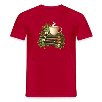 Kaffeezeit im Bücherwald - Männer T-Shirt - Rot - Vorne - AI Model Male 178 dark (178cm)