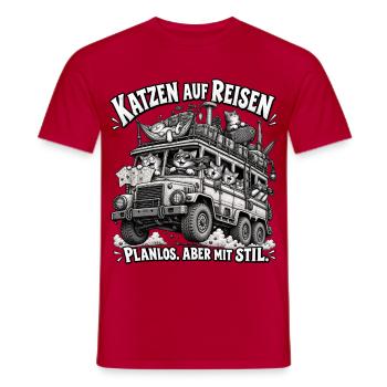 Katzen auf Reisen – Planlos, aber Stil - Männer T-Shirt - Rot - Vorne - AI Model Male 178 dark (178cm)
