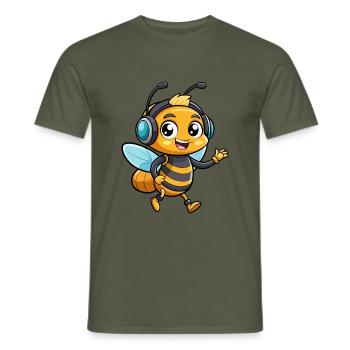 Biene Lustige Zeichentrickfigur Kopfhörer Musik - Männer T-Shirt - Militärgrün - Vorne - AI Model Male 178 light (178cm)