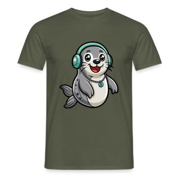 Seal Funny Cartoon Character Musique de casque - T-shirt homme - vert militaire - Devant - AI Model Male 178 light (178cm)