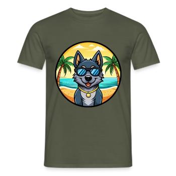 Black Norwegian Elkhound Dog Breed Cartoon Beach - Men's T-Shirt - military green - Front - AI Model Male 178 light (178cm)