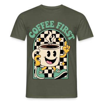 Kaffeetasse im Retrolook – Coffee First - Männer T-Shirt - Militärgrün - Vorne - AI Model Male 178 light (178cm)