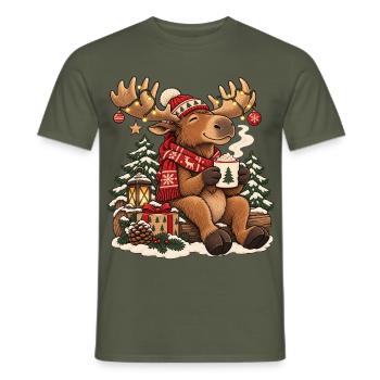 Weihnachtselch mit Schal und heißem Kakao - Männer T-Shirt - Militärgrün - Vorne - AI Model Male 178 light (178cm)