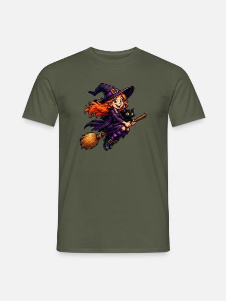 Hexenreiterin auf Besen mit Katze - Männer T-Shirt - Militärgrün