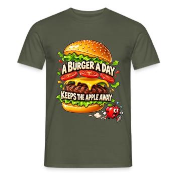 A Burger a Day Keeps the Apple Away – Burgerhumor - Männer T-Shirt - Militärgrün - Vorne - AI Model Male 178 light (178cm)