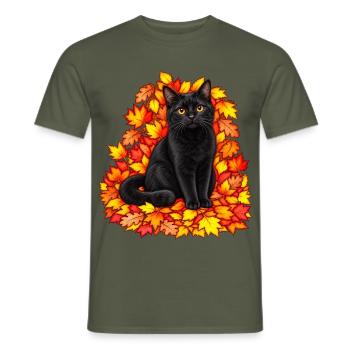 Schwarze Katze im Herbstlaub - Männer T-Shirt - Militärgrün - Vorne - AI Model Male 178 light (178cm)