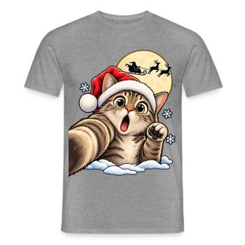 Kätzchen im Santa-Hut vor Mondschlitten - Männer T-Shirt - Graphit meliert - Vorne - AI Model Male 178 light (178cm)
