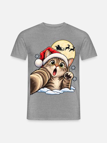 Kätzchen im Santa-Hut vor Mondschlitten - Männer T-Shirt - Graphit meliert