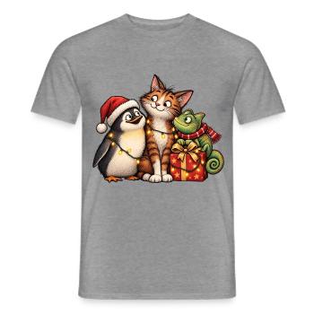 Weihnachts-Pinguin-Katze und Chamäleon-Freunde - Männer T-Shirt - Graphit meliert - Vorne - AI Model Male 178 light (178cm)