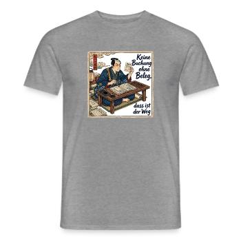 Keine_Buchung_ohne_Beleg_-_Ukiyo-e - Männer T-Shirt - Graphit meliert - Vorne - AI Model Male 178 light (178cm)