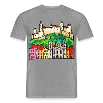 Salzburg Skyline im bunten Wachsmalstil - Männer T-Shirt - Graphit meliert - Vorne - AI Model Male 178 light (178cm)
