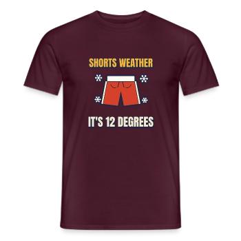 Shorts, Wetter, es sind 12 Grad, witzig britisch - Männer T-Shirt - Ziegelrot - Vorne - AI Model Male 178 light (178cm)