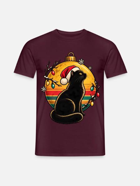 Schwarzer Kater im Weihnachtszauber - Männer T-Shirt - Ziegelrot