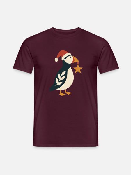 Weihnachtspuffin mit Weihnachtsstern - Männer T-Shirt - Ziegelrot