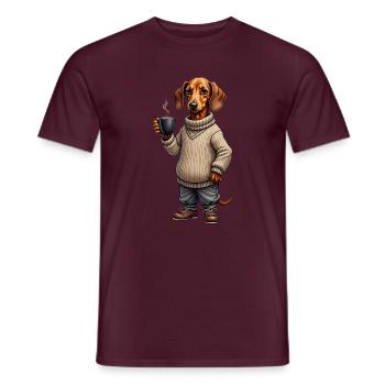 Müder Dackel mit Kaffeebecher – Gravur ohne Text - Männer T-Shirt - Ziegelrot - Vorne - AI Model Male 178 light (178cm)