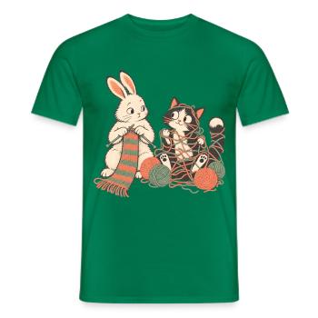 Kaninchen und Katze beim Stricken - Männer T-Shirt - Kelly Green - Vorne - AI Model Male 178 dark (178cm)