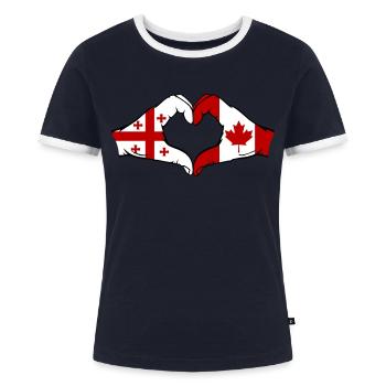 Georgien Kanada Flagge Haende Herzform - Frauen Kontrast-T-Shirt - Navy/Weiß  - Vorne - AI Model Female 172 light (172cm)