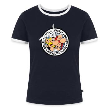 Asterix & Obelix Mit Idefix Auf Abenteuertour - Frauen Kontrast-T-Shirt - Navy/Weiß  - Vorne - AI Model Female 172 light (172cm)