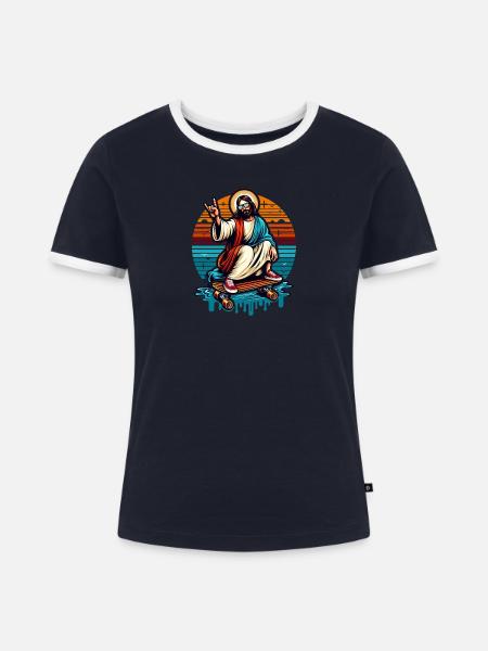 Jesus Skateboard - Frauen Kontrast-T-Shirt - Navy/Weiß 