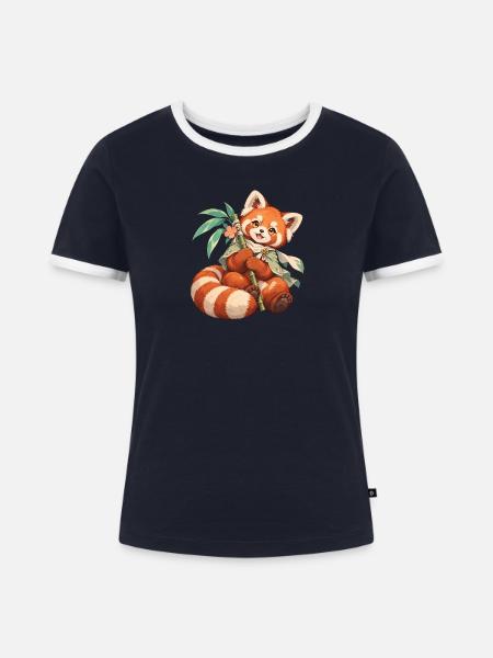 Roter Panda mit Bambus | Noventra - Frauen Kontrast-T-Shirt - Navy/Weiß 