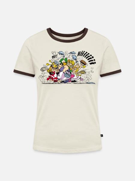 Asterix & Obelix Schlägerei - Frauen Kontrast-T-Shirt - Off-White/Dunkelbraun