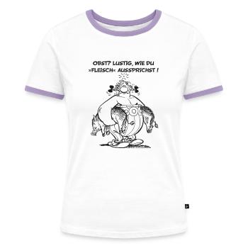 Obelix: Obst? Lustig wie du "Fleisch" aussprichst! - Frauen Kontrast-T-Shirt - Weiß/Lavendel - Vorne - AI Model Female 172 dark (172cm)