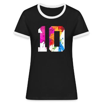 FARBIG NUMMER 10 BUNT 10. GEBURTSTAG - Frauen Kontrast-T-Shirt - Schwarz/Weiß - Vorne - Selfina (174cm)