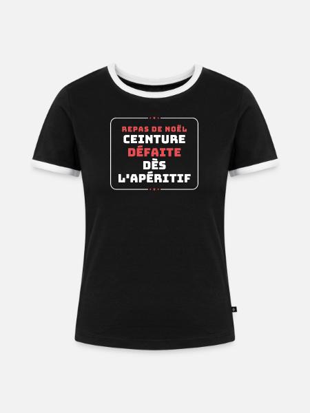 Weihnachtsessen-Gürtel-Niederlage-Vorspeise - Frauen Kontrast-T-Shirt - Schwarz/Weiß