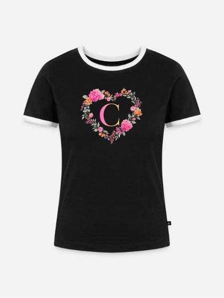 C Monogramm Blumen Herz personalisierbar - Frauen Kontrast-T-Shirt - Schwarz/Weiß