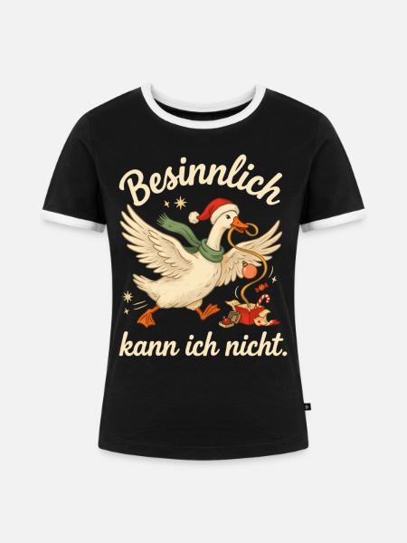 Weihnachtsgans mit Nikolausmütze und Geschenkchaos - Frauen Kontrast-T-Shirt - Schwarz/Weiß
