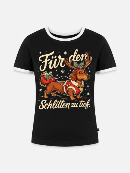 Dackel mit Weihnachtsschlitten und Geschenken - Frauen Kontrast-T-Shirt - Schwarz/Weiß